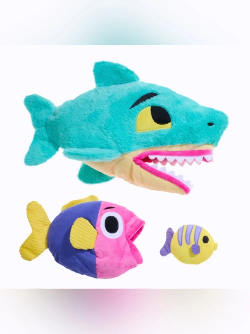 BARK Teal Shark Plush Dog Toy with Yellow Eye and Pink Mouth